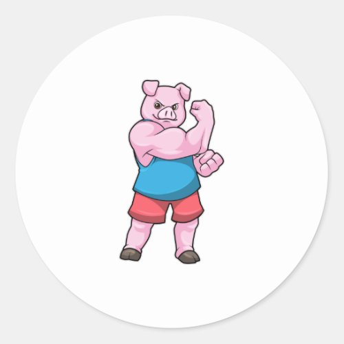 Pig as Bodybuilder with big Upper arm Classic Round Sticker