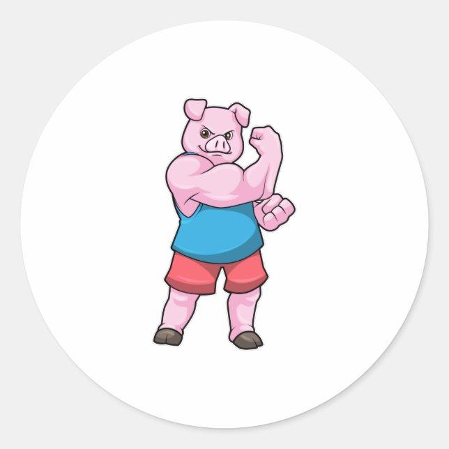 Pig as Bodybuilder with big Upper arm Classic Round Sticker (Front)