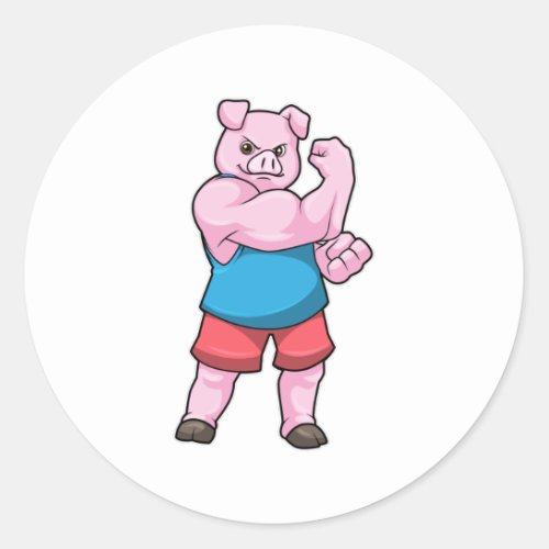 Pig as Bodybuilder with big Upper arm Classic Round Sticker