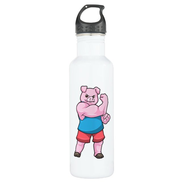 Pig as Bodybuilder with big Upper arm Stainless Steel Water Bottle (Front)