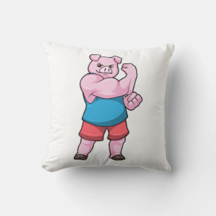 Pig as Bodybuilder with big Upper arm Throw Pillow