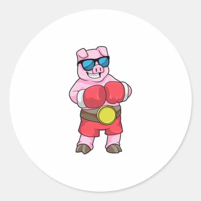 Pig as Boxer with Boxing gloves Classic Round Sticker (Front)