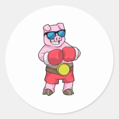 Pig as Boxer with Boxing gloves Classic Round Sticker