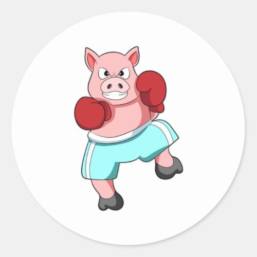 Pig as Boxer with Boxing gloves Classic Round Sticker