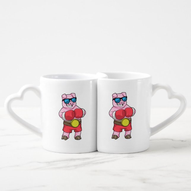 Pig as Boxer with Boxing gloves Coffee Mug Set (Front Nesting)