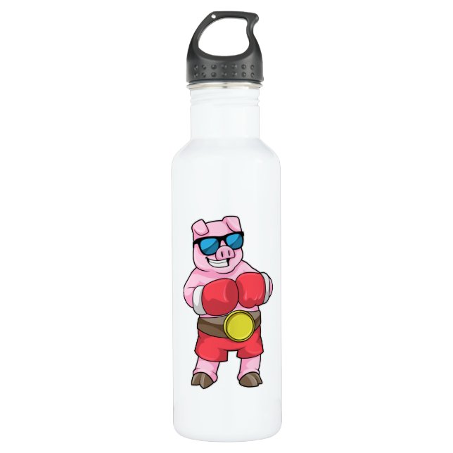 Pig as Boxer with Boxing gloves Stainless Steel Water Bottle (Front)