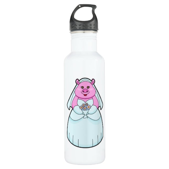 Pig as Bride with Veil Stainless Steel Water Bottle (Front)
