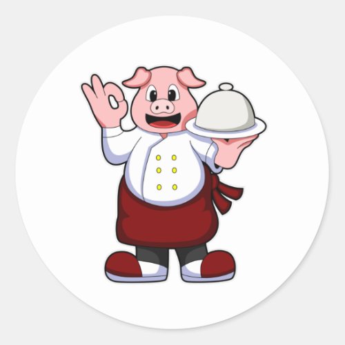 Pig as Cook with Cooking apron  Serving plate Classic Round Sticker