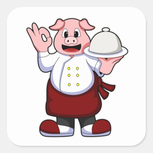 Pig as Cook with Cooking apron  Serving plate Square Sticker