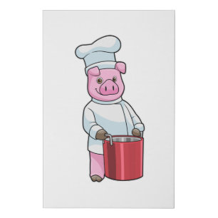 Pig as Cook with Cooking pot Faux Canvas Print