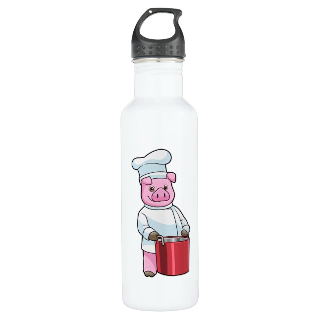 Pig as Cook with Cooking pot Stainless Steel Water Bottle (Front)