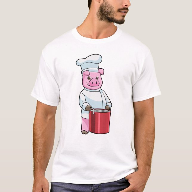 Pig as Cook with Cooking pot T-Shirt (Front)