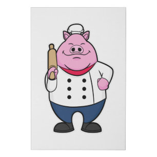 Pig as Cook with Rolling pin Faux Canvas Print