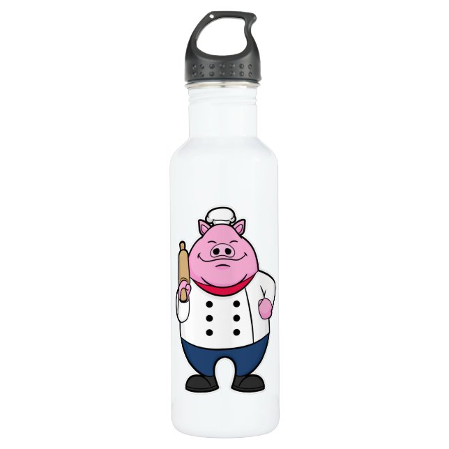 Pig as Cook with Rolling pin Stainless Steel Water Bottle (Front)