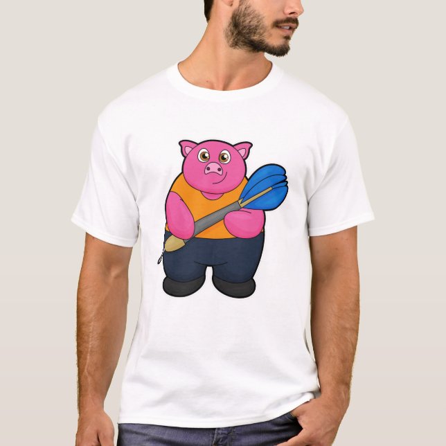 Pig as Dart player with Darts T-Shirt (Front)