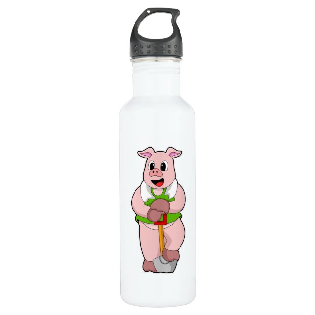 Pig as Farmer with Shovel Stainless Steel Water Bottle (Front)