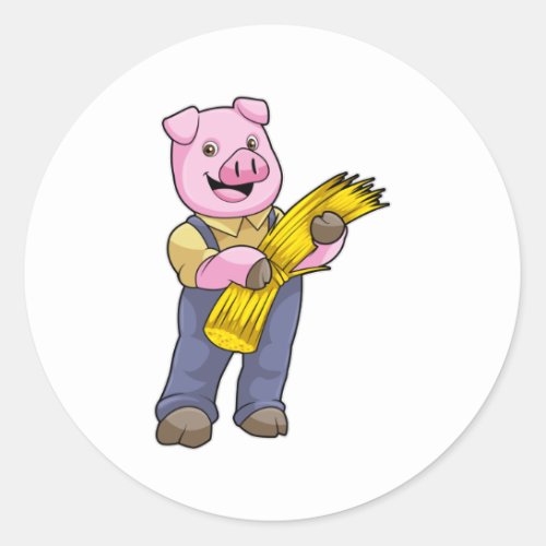 Pig as Farmer with Straw Classic Round Sticker