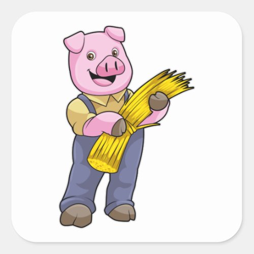 Pig as Farmer with Straw Square Sticker