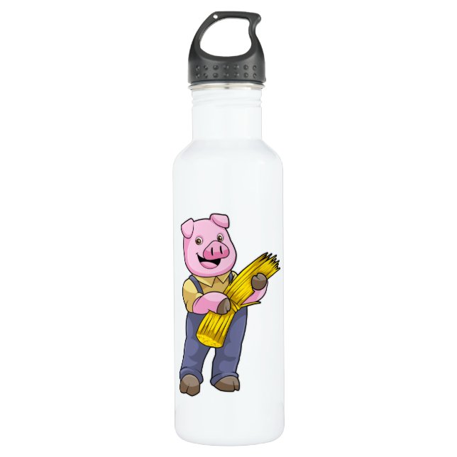 Pig as Farmer with Straw Stainless Steel Water Bottle (Front)