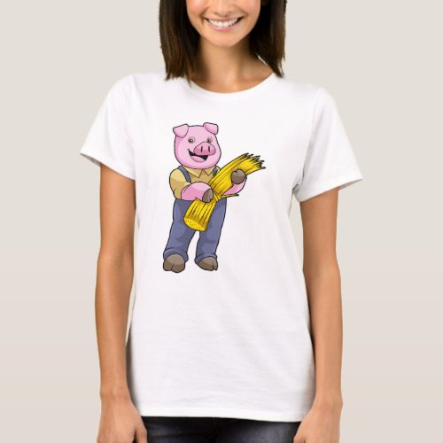 Pig as Farmer with Straw T_Shirt