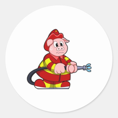 Pig as Firefighter with Fire extinguisher Classic Round Sticker
