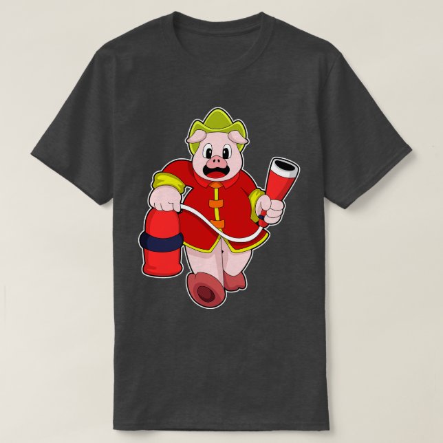 Pig as Firefighter with Fire extinguisher T-Shirt (Design Front)