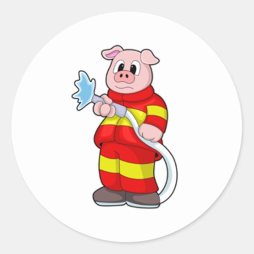Pig as Firefighter with Hose Classic Round Sticker