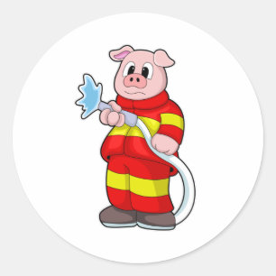 Pig as Firefighter with Hose Classic Round Sticker