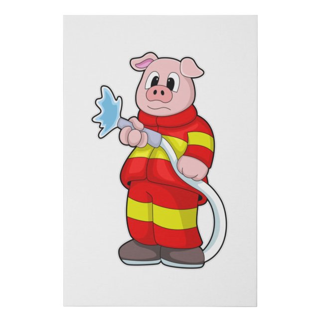 Pig as Firefighter with Hose Faux Canvas Print (Front)