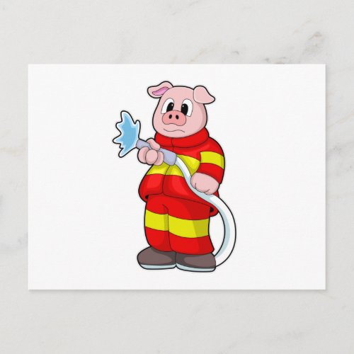 Pig as Firefighter with Hose Postcard
