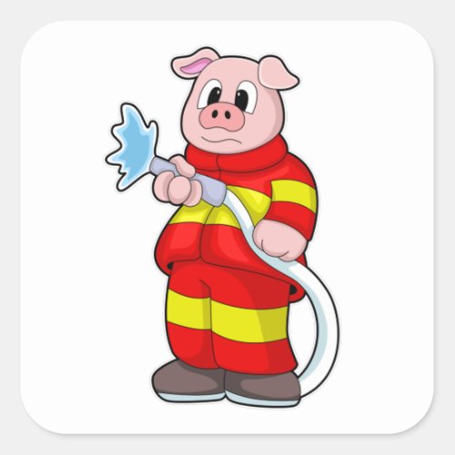 Pig as Firefighter with Hose Square Sticker