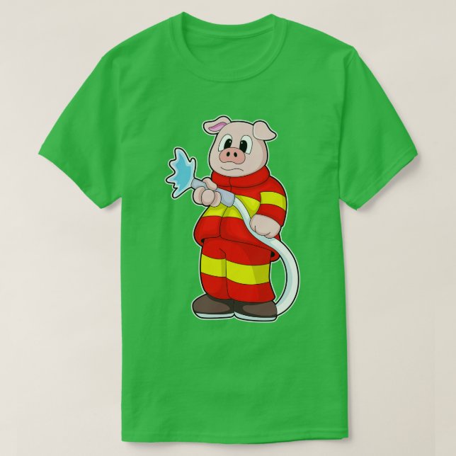Pig as Firefighter with Hose T-Shirt (Design Front)