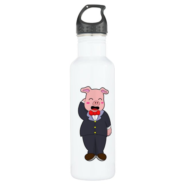 Pig as Groom with Suit & Tie Stainless Steel Water Bottle (Front)