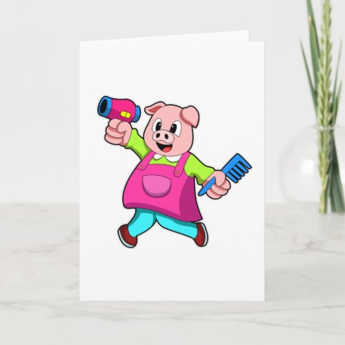 Pig as Hairdresser with Hair dryer  Comb Card