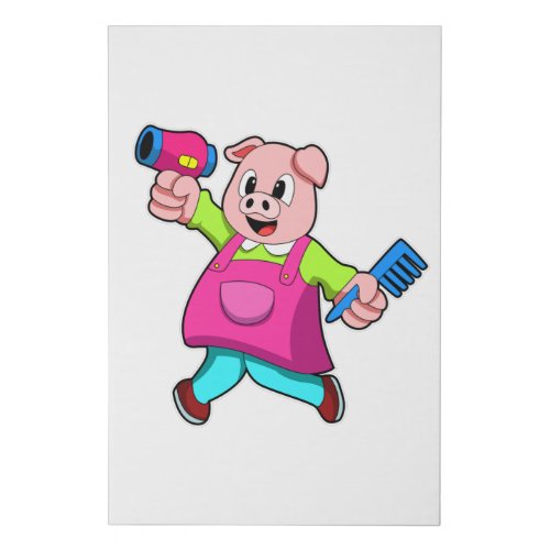 Pig as Hairdresser with Hair dryer  Comb Faux Canvas Print