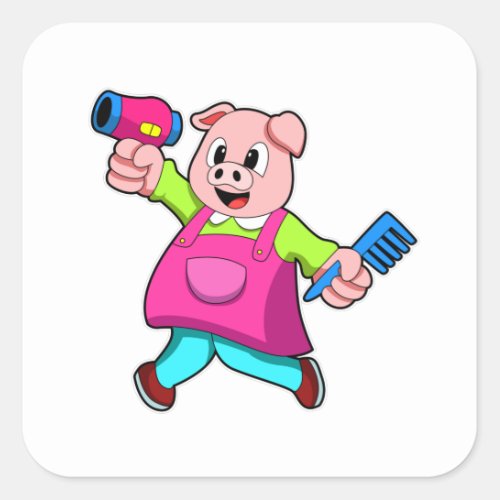 Pig as Hairdresser with Hair dryer  Comb Square Sticker