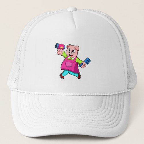 Pig as Hairdresser with Hair dryer  Comb Trucker Hat