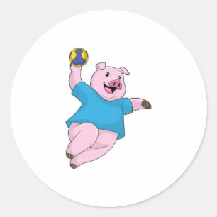 Pig as Handball player with Handball Classic Round Sticker