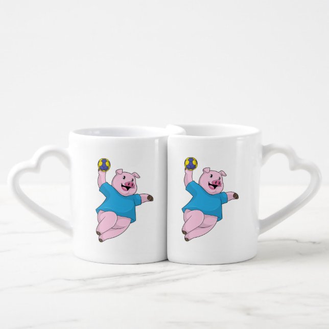 Pig as Handball player with Handball Coffee Mug Set (Front Nesting)