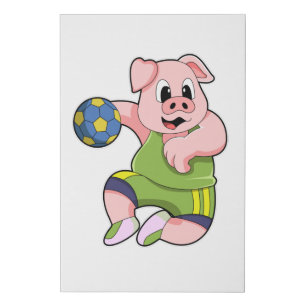 Pig as Handball player with Handball Faux Canvas Print