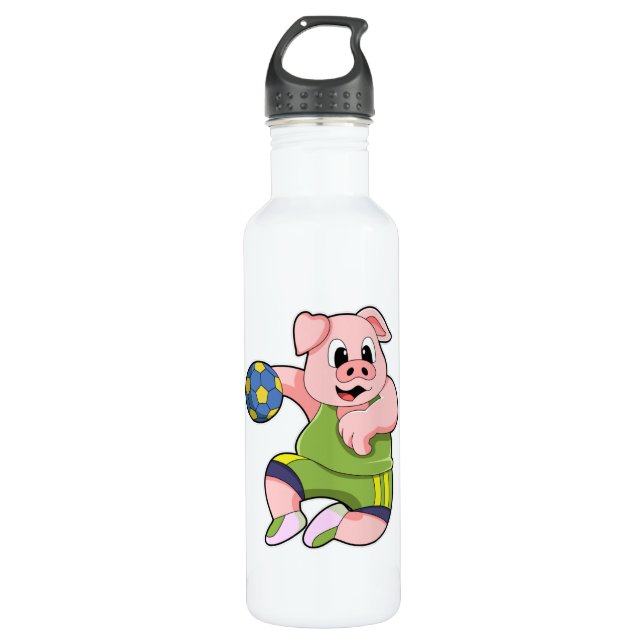 Pig as Handball player with Handball Stainless Steel Water Bottle (Front)