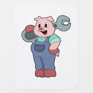 Pig as Mechanic with Wrench Baby Blanket