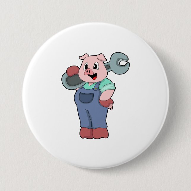 Pig as Mechanic with Wrench Button (Front)