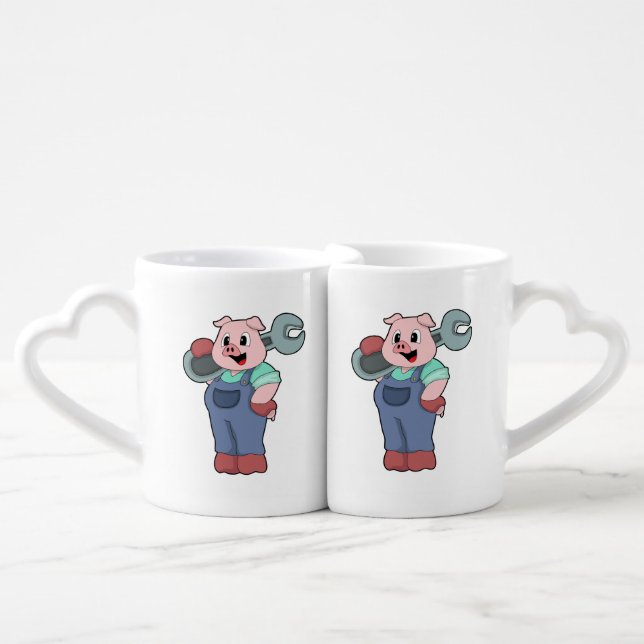 Pig as Mechanic with Wrench Coffee Mug Set (Front Nesting)
