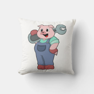 Pig as Mechanic with Wrench Throw Pillow