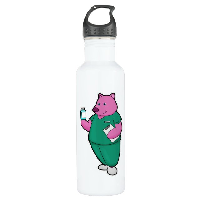 Pig as Nurse with Medicine Stainless Steel Water Bottle (Front)