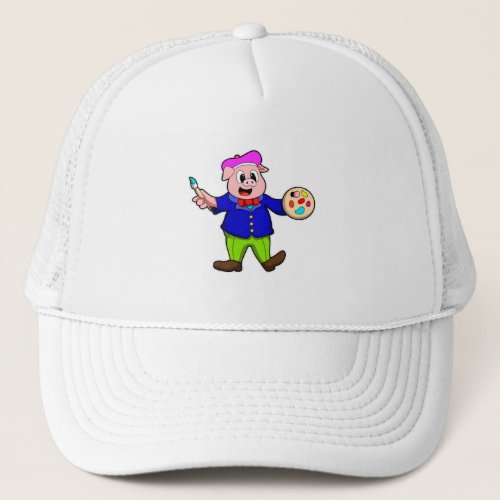 Pig as Painter with Brush  Paint Trucker Hat