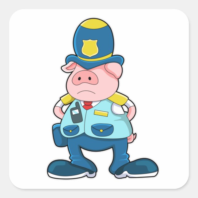 Pig as Police officer with Police Uniform & Hat Square Sticker (Front)