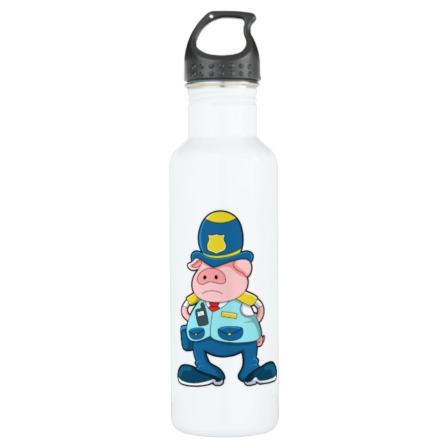 Pig as Police officer with Police Uniform & Hat Stainless Steel Water Bottle (Front)