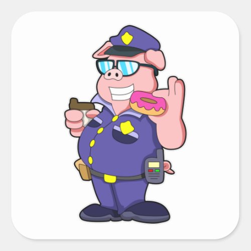 Pig as Police officer with Sunglasses  Donut Square Sticker